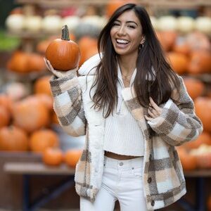 Cozy Plaid Sherpa Jacket - Cream and Brown, MINKPINK SMALL